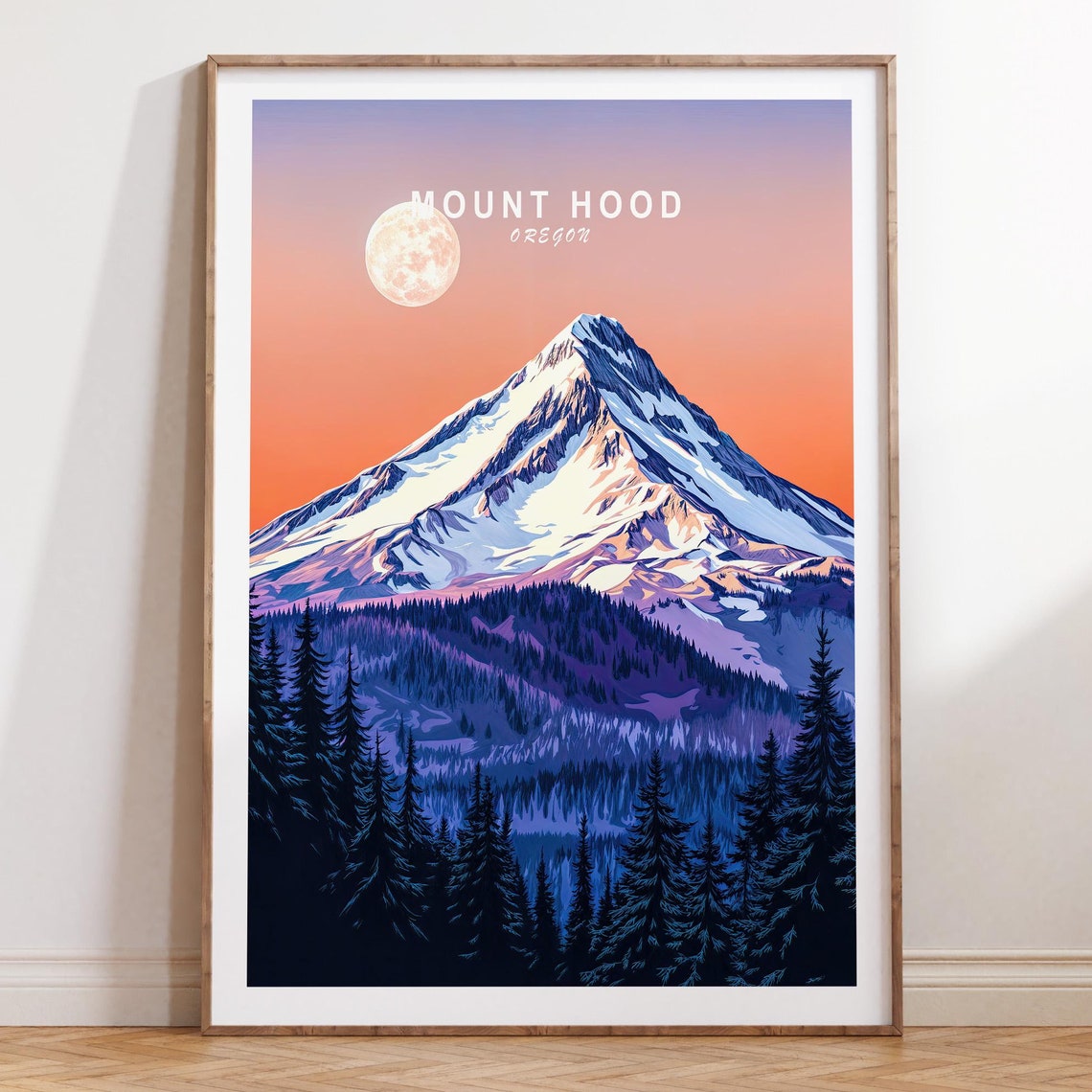Mount Hood Oregon Moonlit Sunset Snow Peak Forest Art Poster