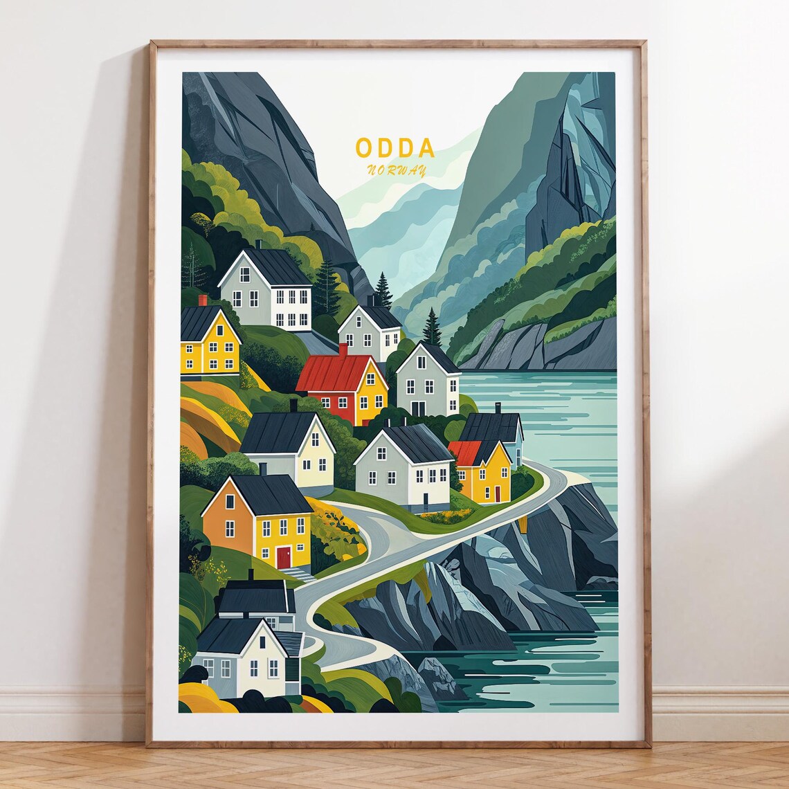 Odda Norway Mountain Fjord Village Gold Retro Travel Wall Poster