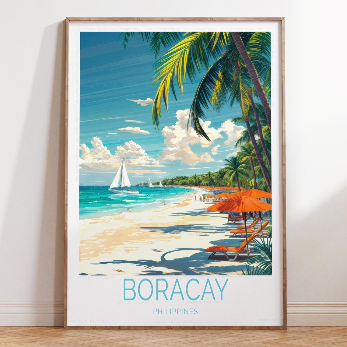 Boracay Philippines Tropical Beach Sailboat Palm Travel Poster