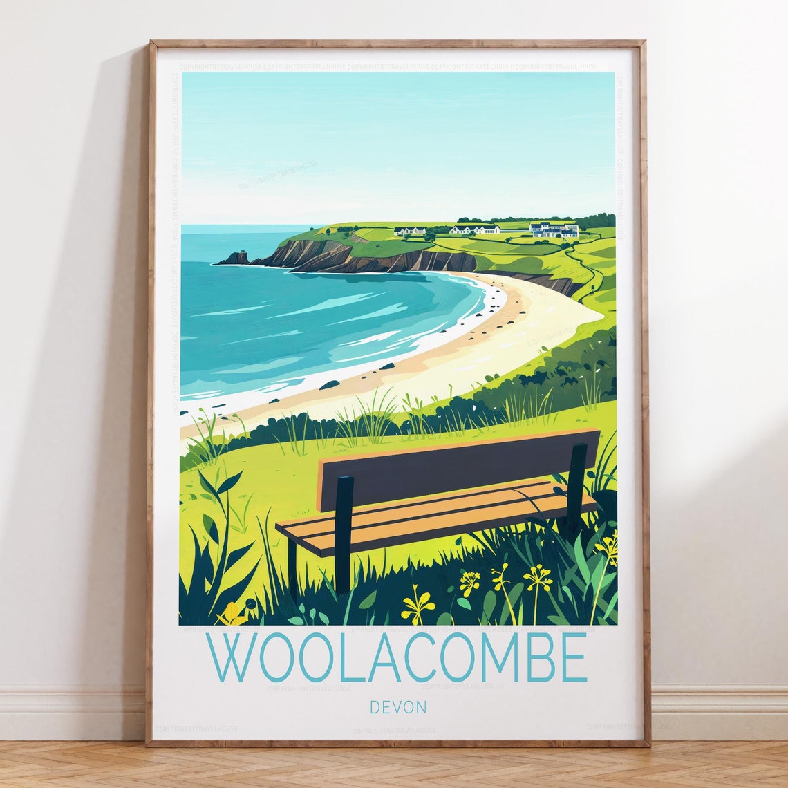 Woolacombe Devon Coastal Bench Overlooking Bay Travel Poster