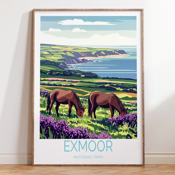 Exmoor National Park Grazing Ponies Coastal Cliffs Scenery Poster