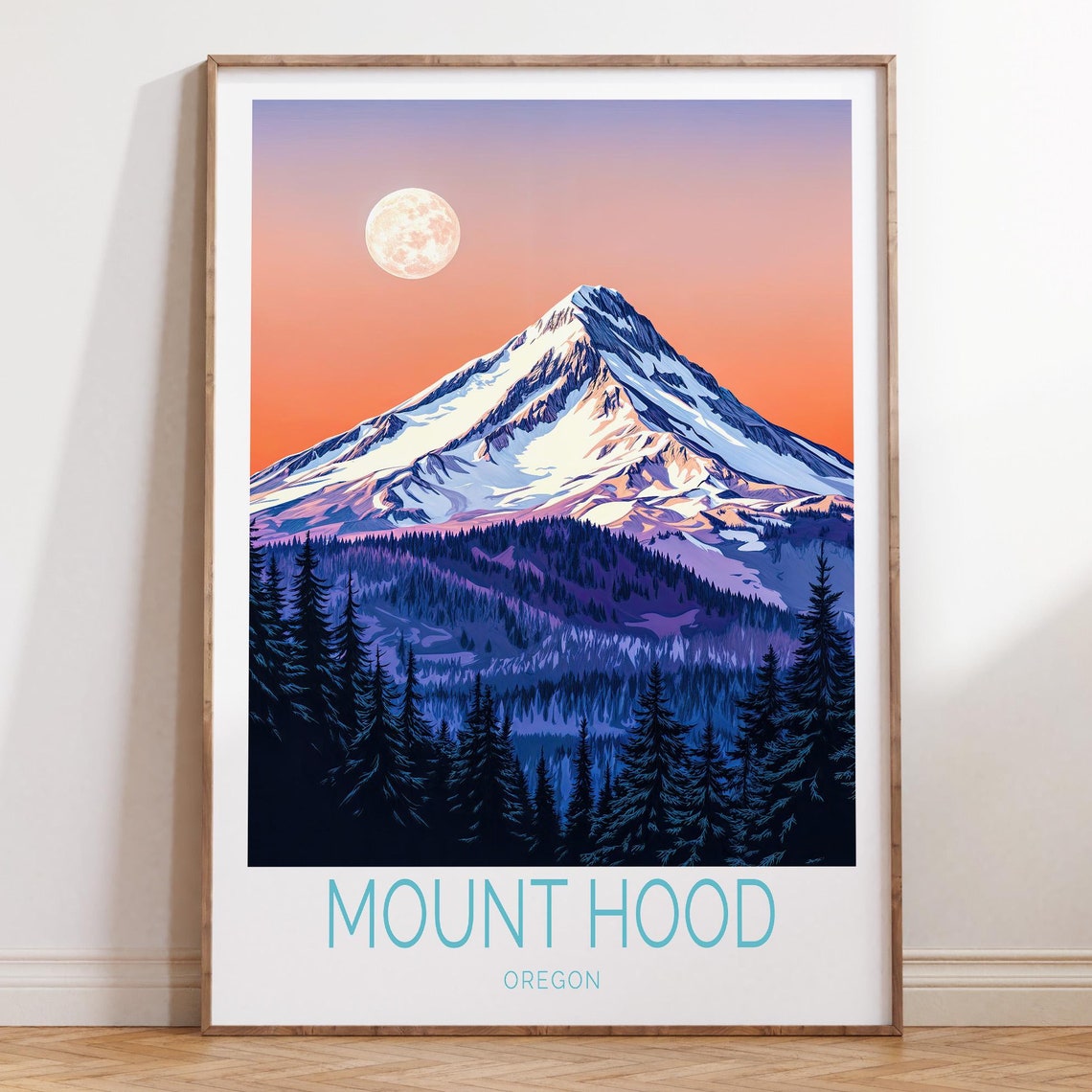 Mount Hood Oregon Full Moon Alpenglow Forest Night Travel Poster
