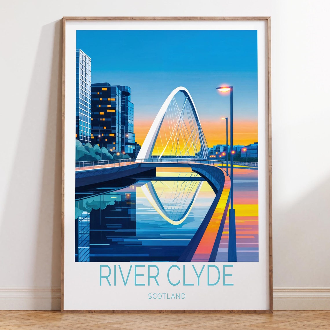 River Clyde Scotland Arc Bridge At Sunset Waterfront Travel Poster