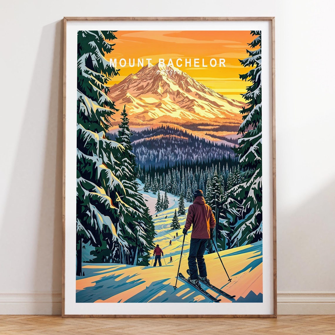 Mount Bachelor Oregon Sunset Skiers Snow Pines Travel Poster