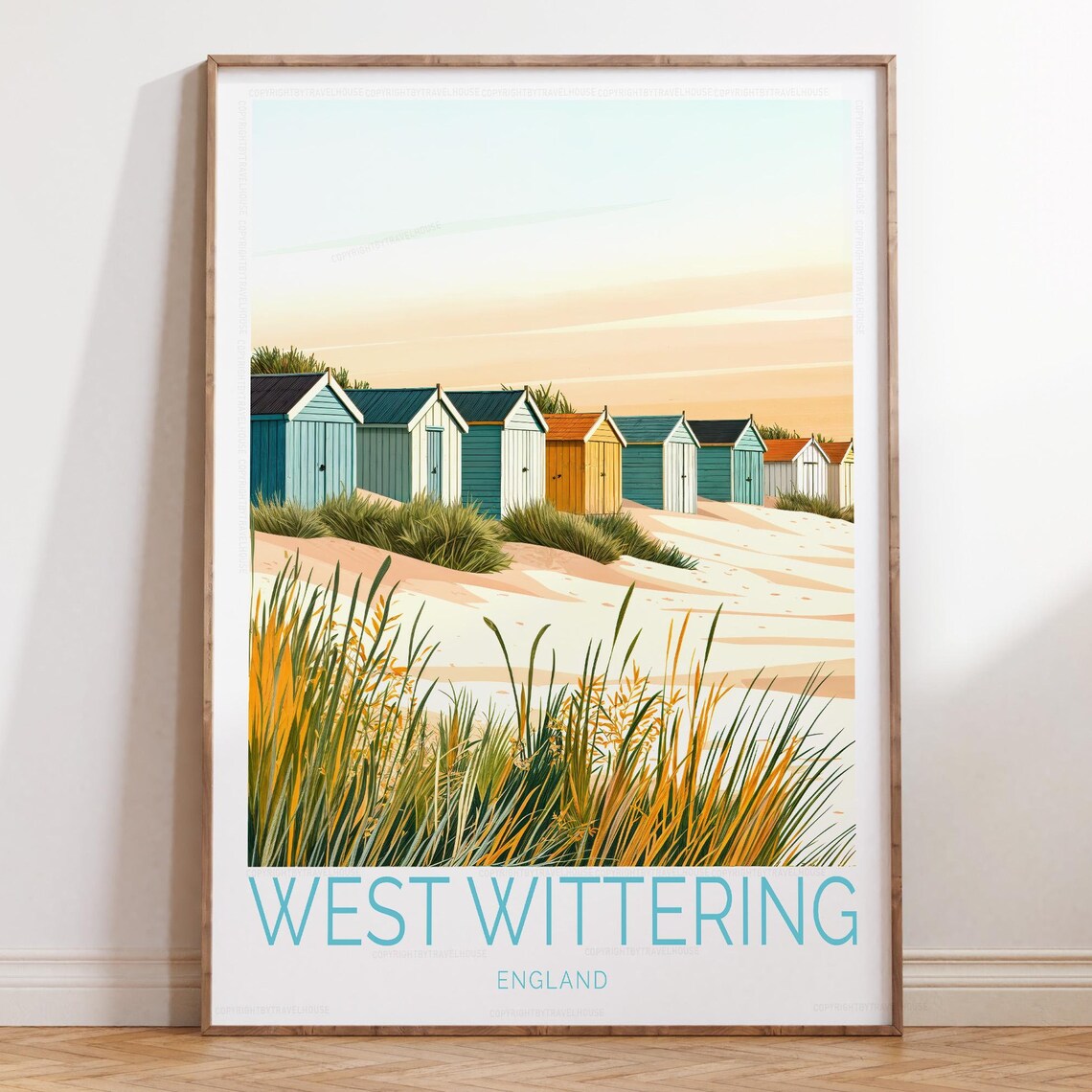 West Wittering England Colorful Beach Huts at Sunset Travel Poster