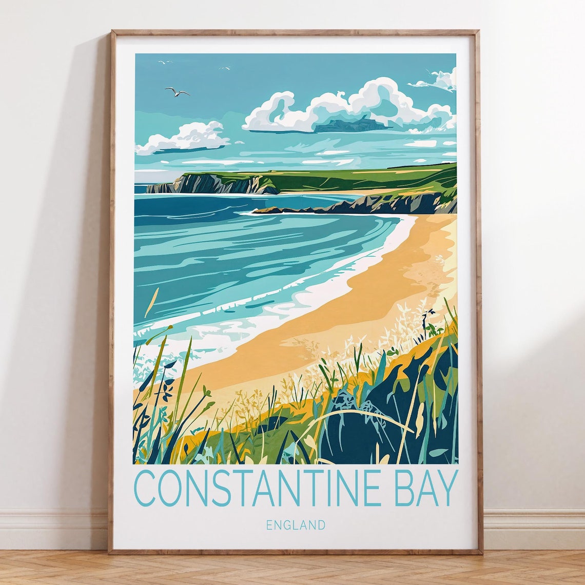 Constantine Bay England Sandy Beach Cliffs Retro Travel Poster