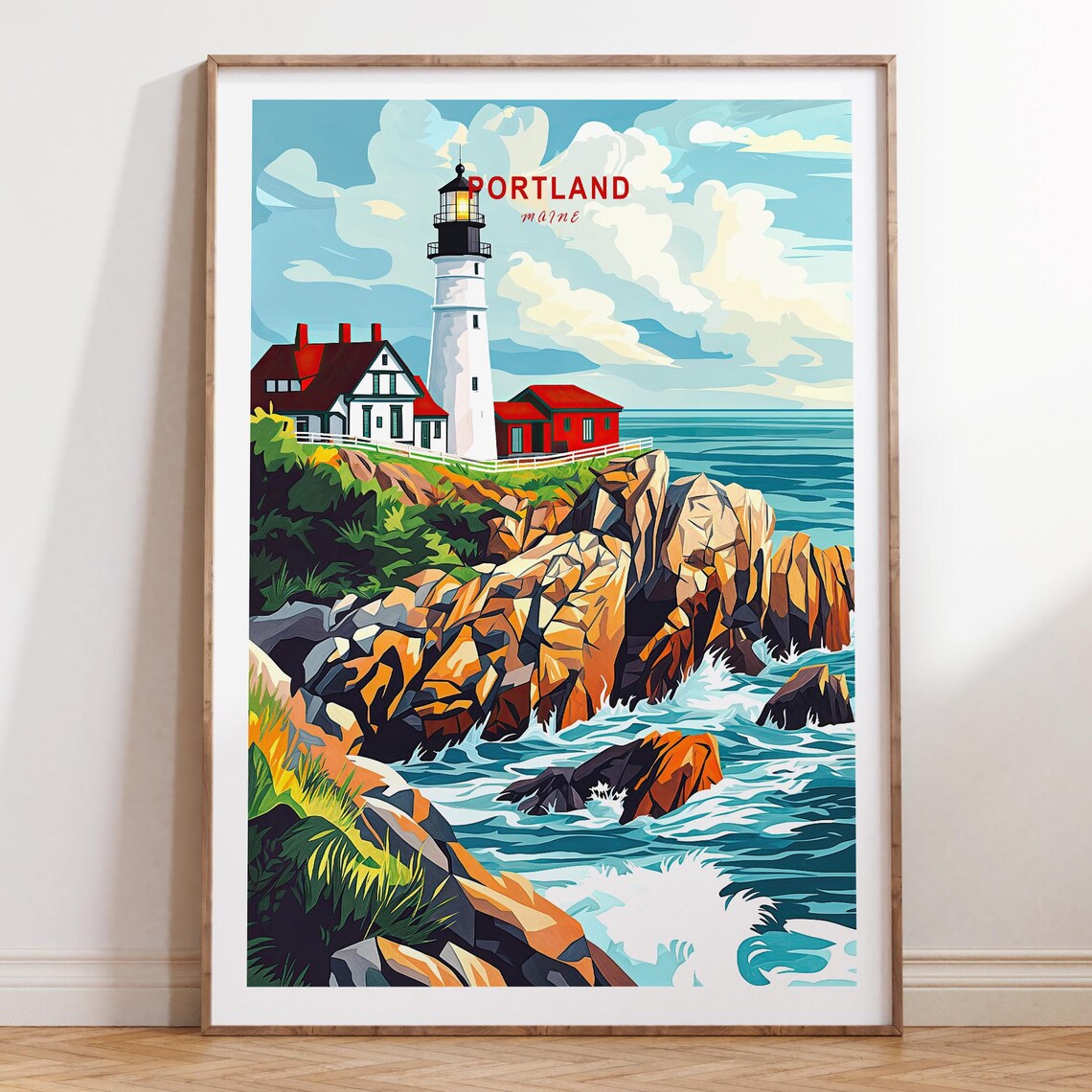 Portland Maine Lighthouse Rocky Ocean Coast Seaside Travel Poster