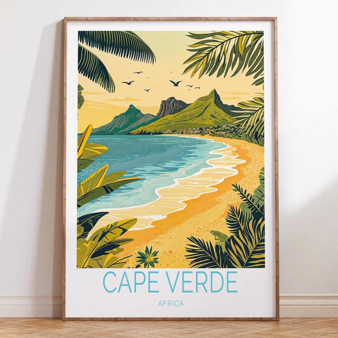 Cape Verde Africa Tropical Beach With Palm Fronds And Mountains Poster