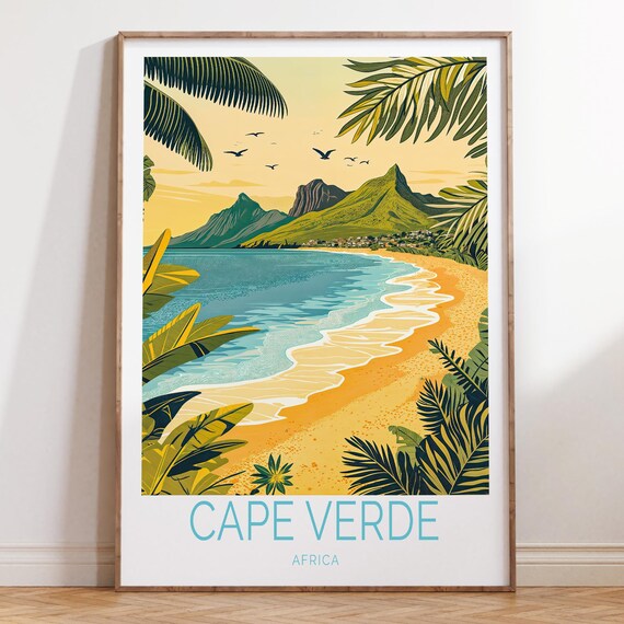 Cape Verde Africa Tropical Beach With Palm Fronds And Mountains Poster