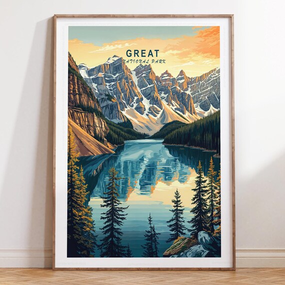 Great National Park Snowy Peaks Mirror Lake Sunrise Travel Poster
