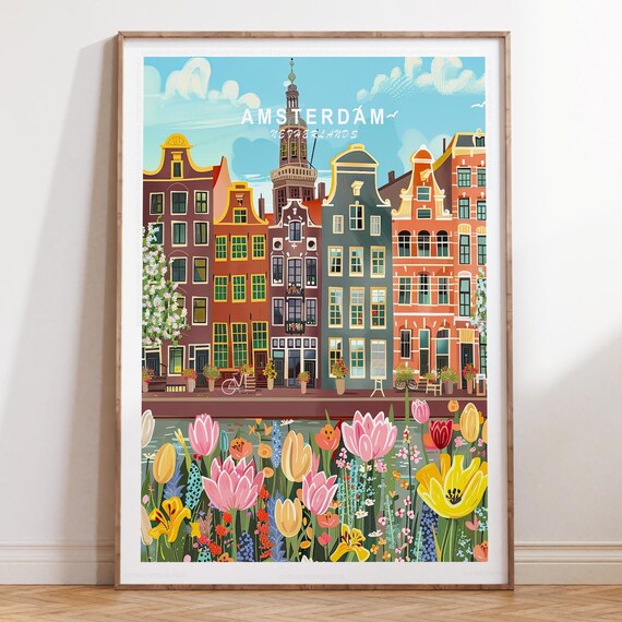 Amsterdam Netherlands Canal Houses Blooming Tulips Travel Poster