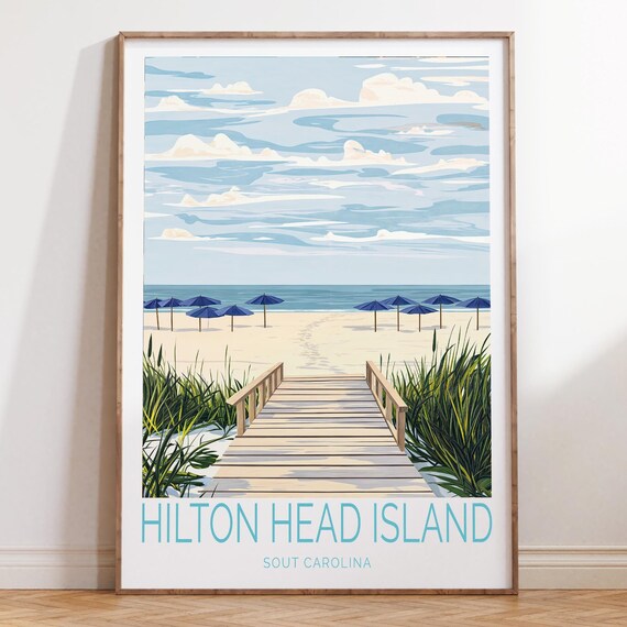 Hilton Head Island Beach Boardwalk Blue Umbrellas Ocean Travel Poster