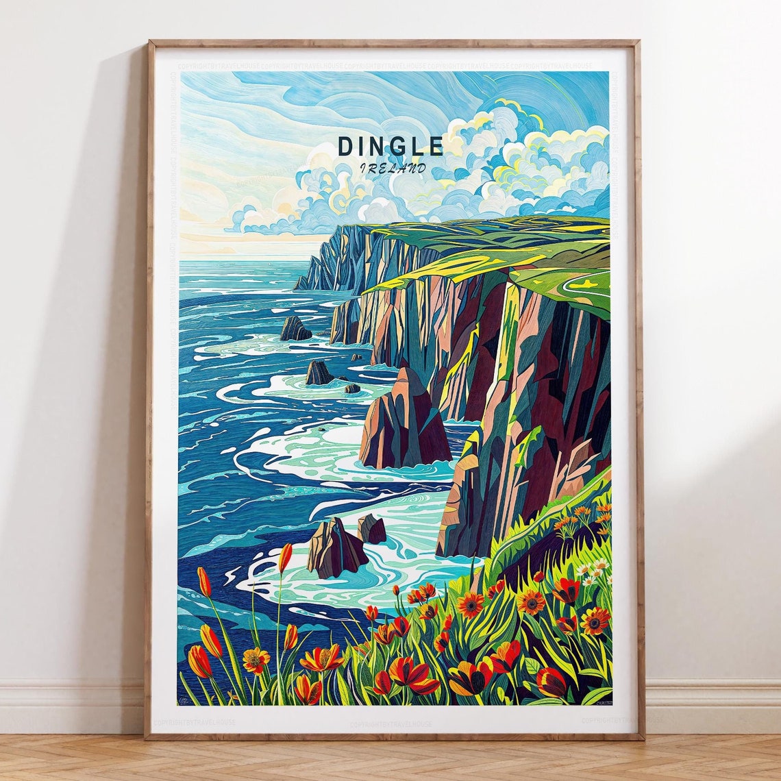 Dingle Ireland Bold Cliff Coast Waves Botanical Travel Poster