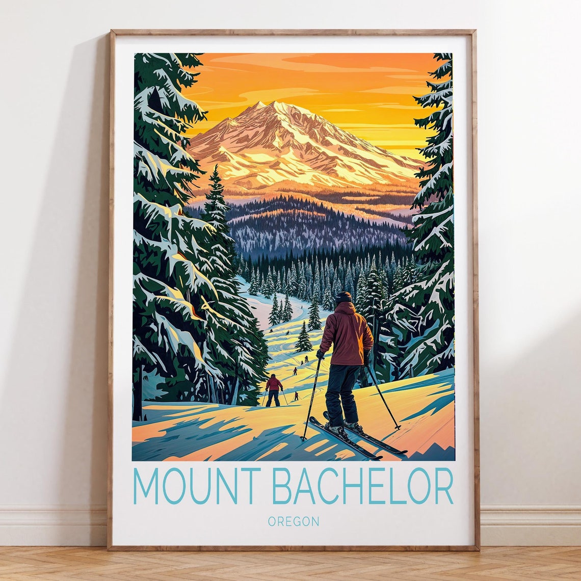 Mount Bachelor Oregon Sunset Ski Slopes Skier Retro Travel Poster