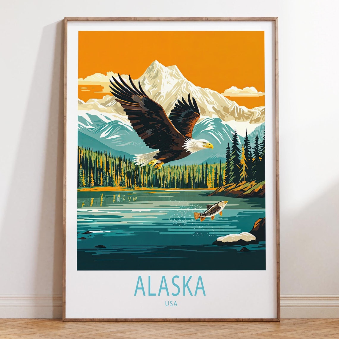 Alaska USA Bald Eagle Over Mountain Lake Wilderness Travel Poster