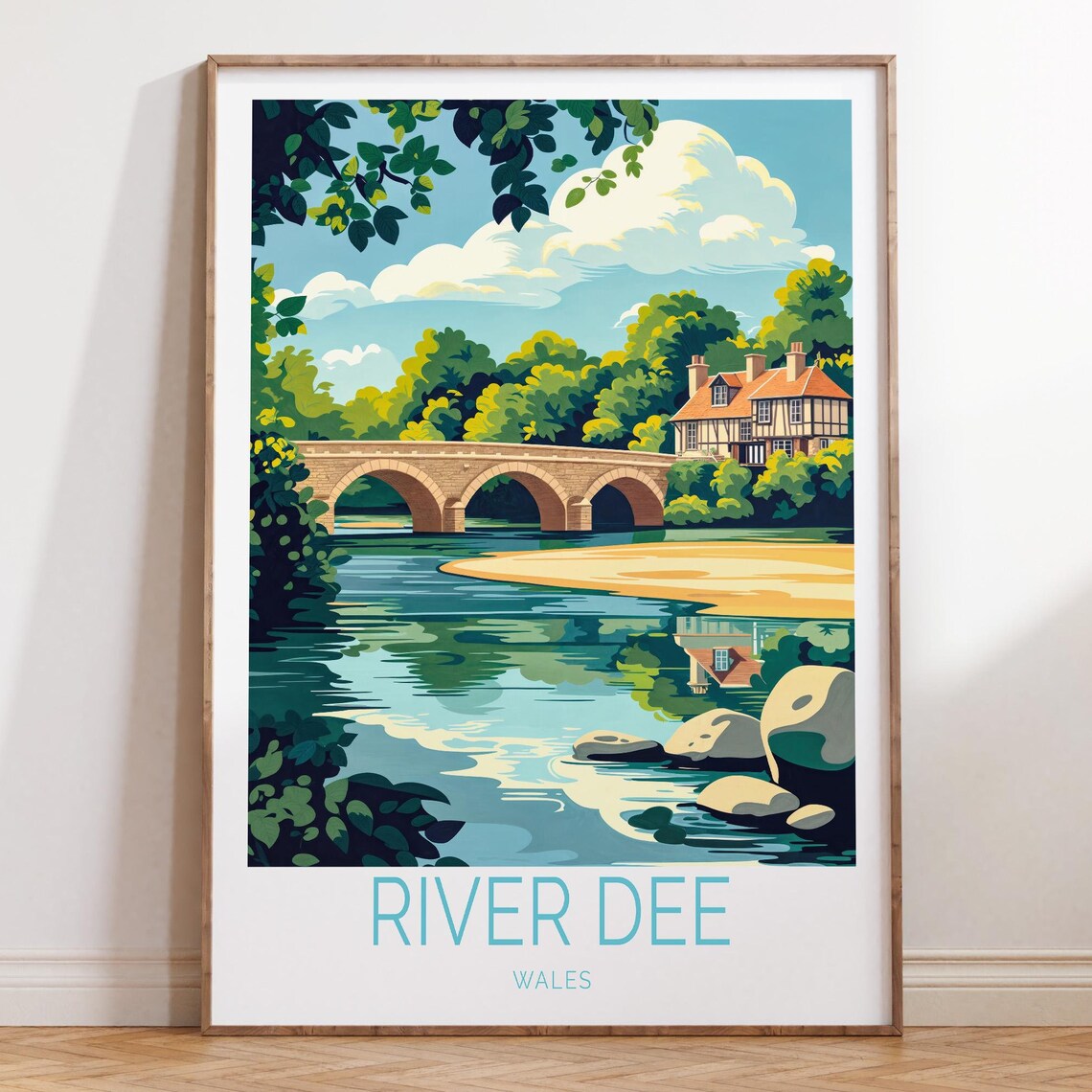 River Dee Wales Travel Print Stone Bridge Riverside Cottage Scene