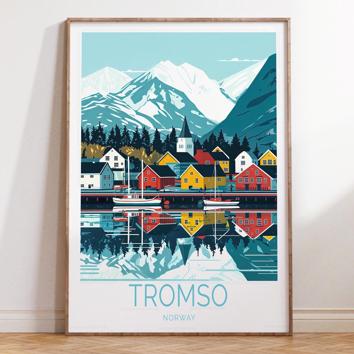 Tromso Norway Arctic Harbor Snowy Mountains Minimalist Travel Poster