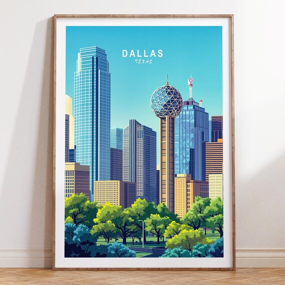 Dallas Texas Reunion Tower Skyline City Vintage Travel Poster