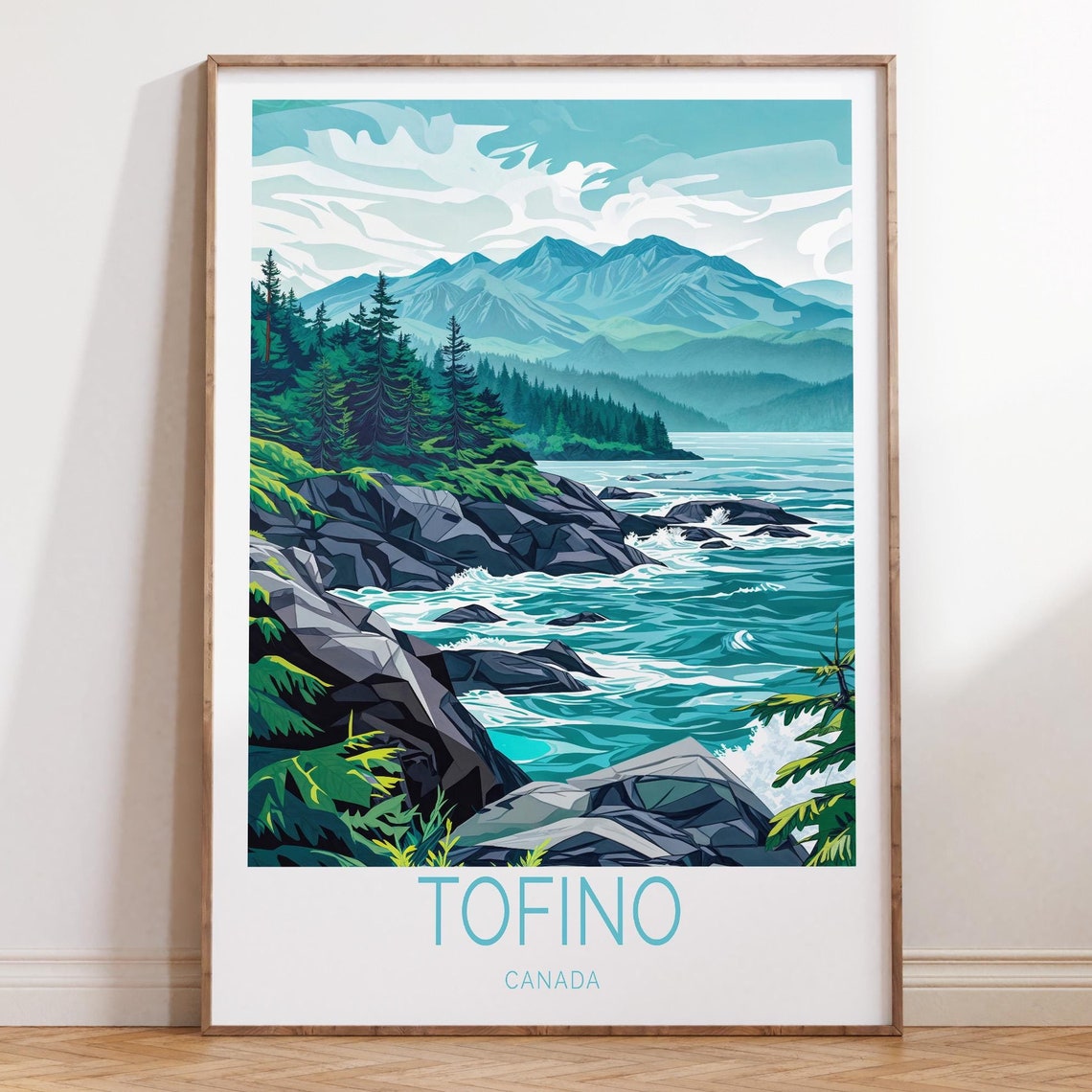 Tofino Canada Rocky Shoreline Pine Forest Mountain Travel Poster