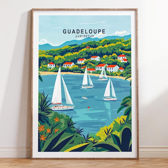 Guadeloupe Caribbean Sailboat Bay Red Roofs Retro Travel Poster