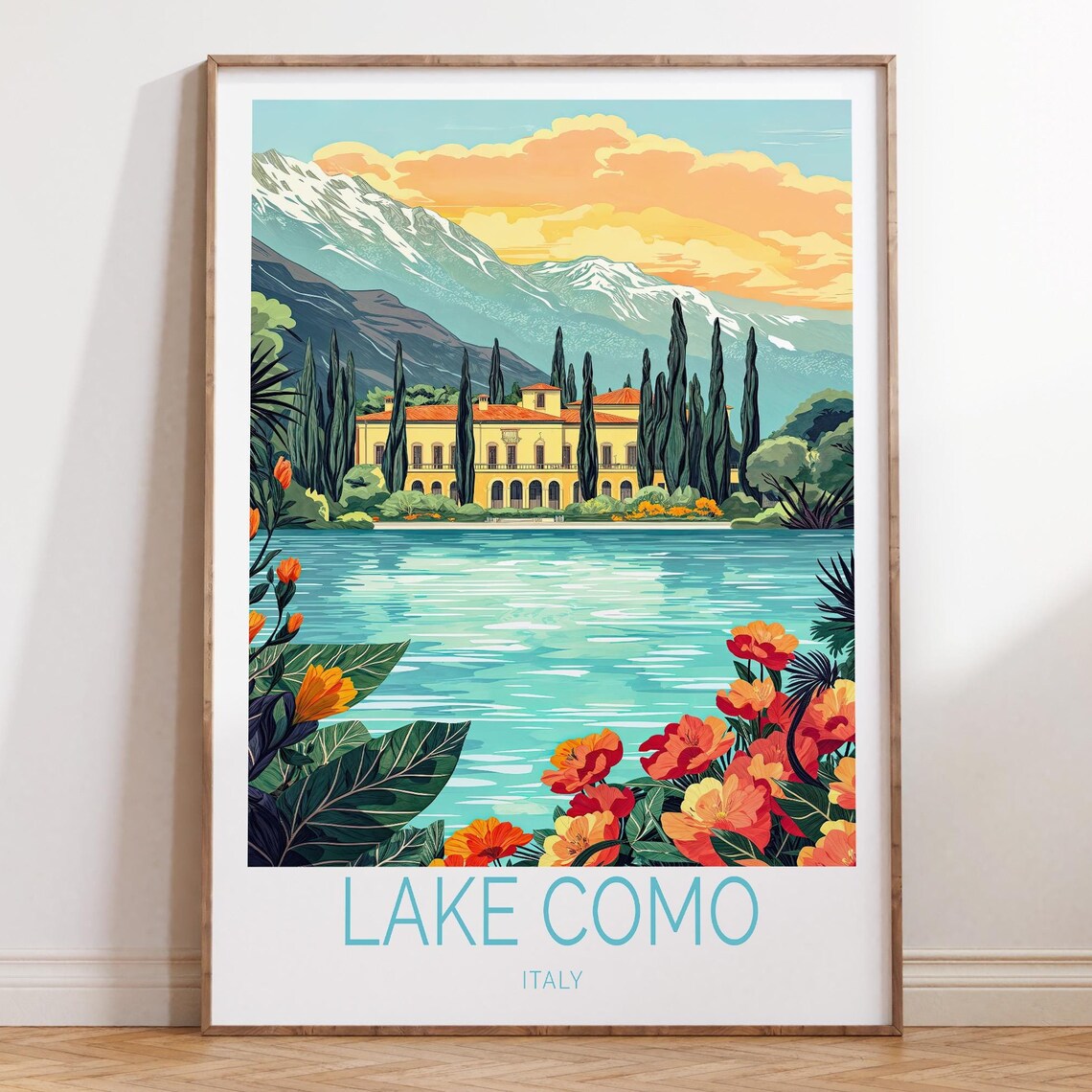 Lake Como Italy Cypress Villa Lakeside Golden Sunset Travel Poster