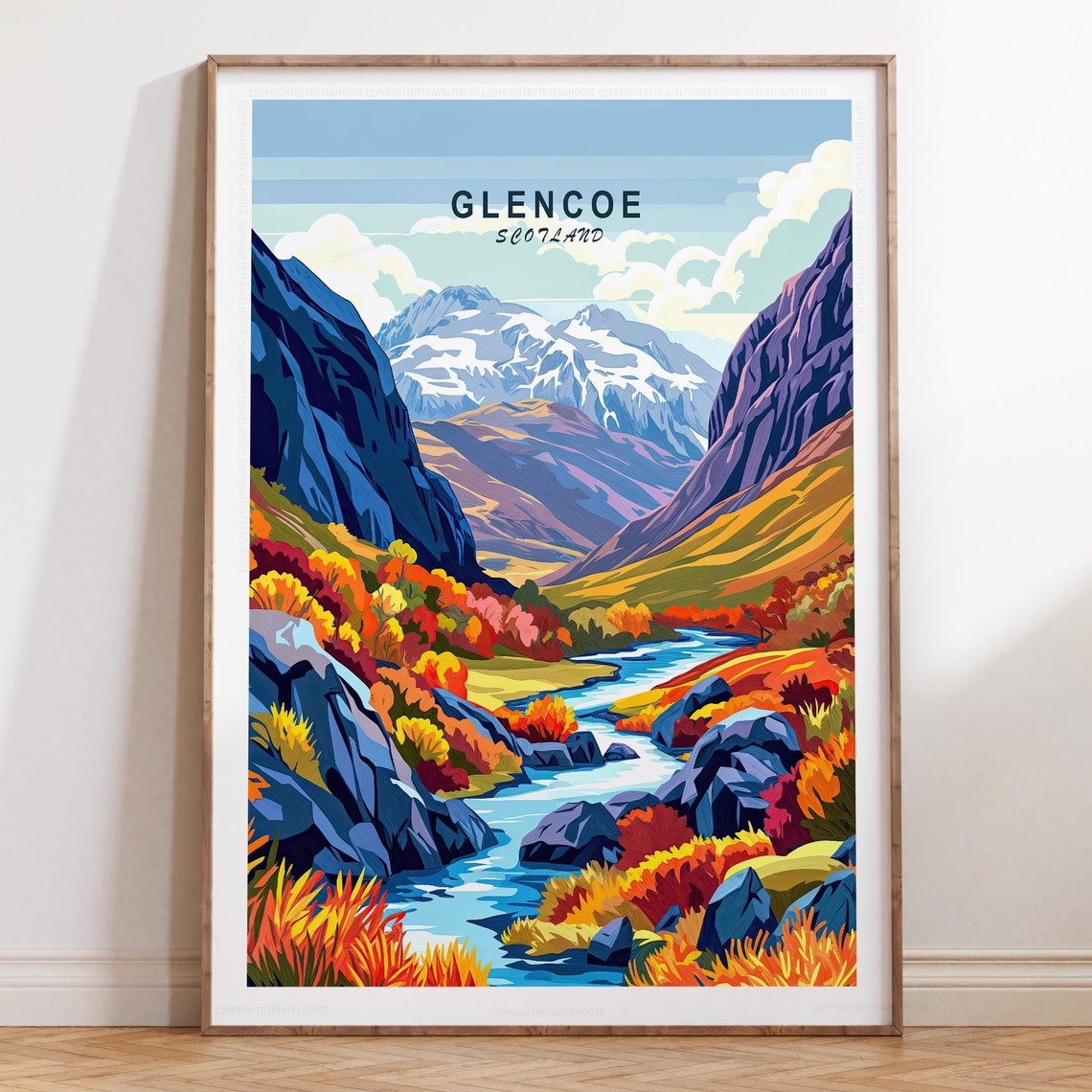 Glencoe Scotland Mountain Valley Autumn River Highland Travel Poster