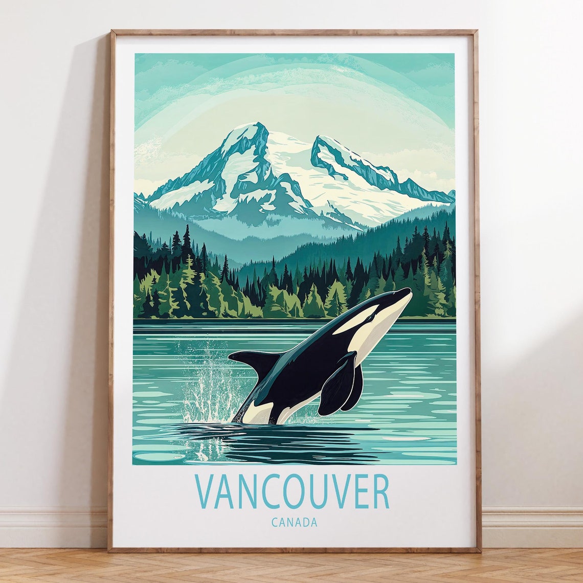 Vancouver Canada Orca Breach Snowy Mountain Teal Travel Poster