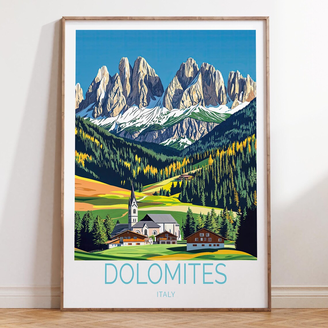Dolomites Italy Alpine Village Church Mountain Travel Poster