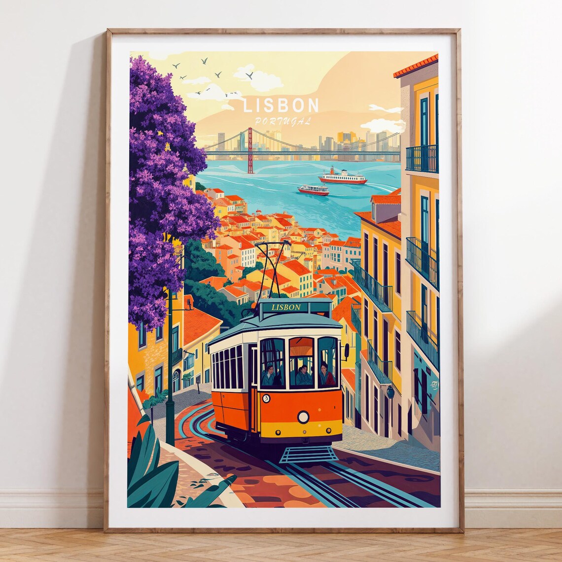 Lisbon Portugal Yellow Tram Daytime River View Travel Poster