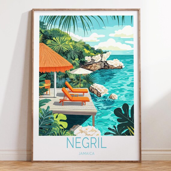 Negril Jamaica Tropical Deck Over Turquoise Sea Travel Poster