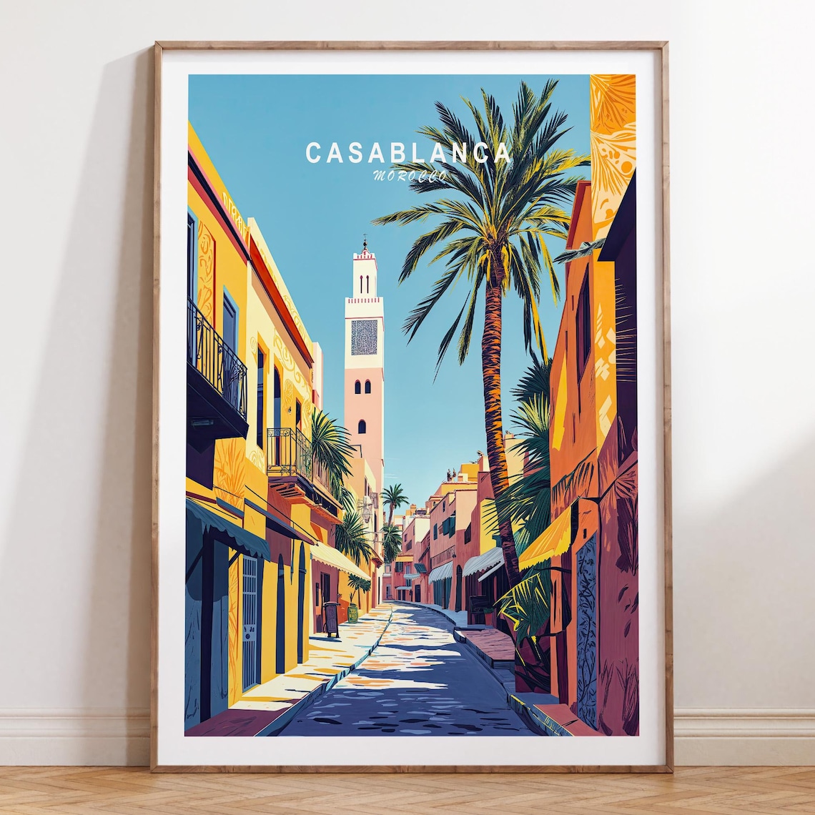 Casablanca Morocco Old Town Mosque Minaret Street Travel Poster