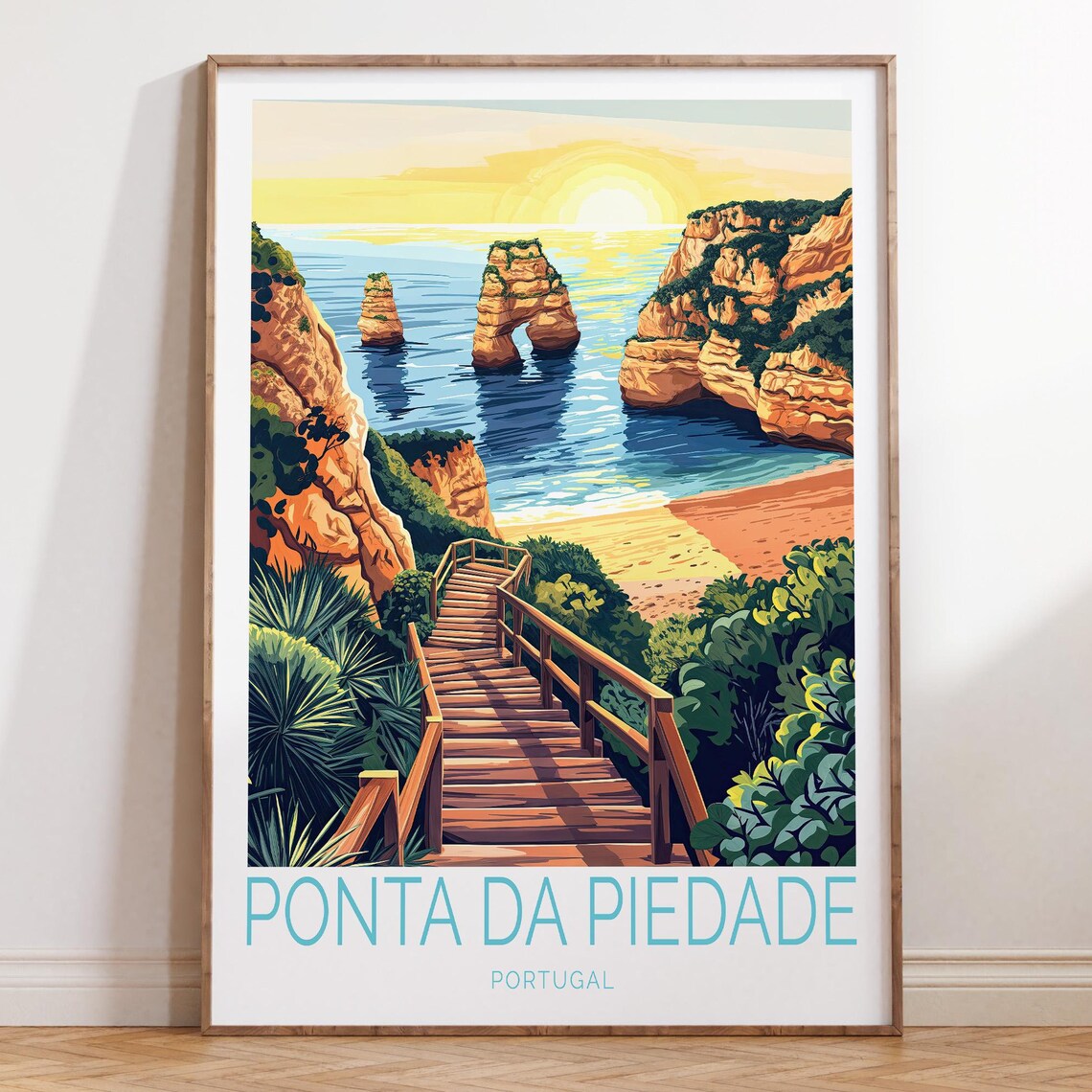 Ponta da Piedade Portugal Sunset Cliffs Beach Stairs Travel Poster