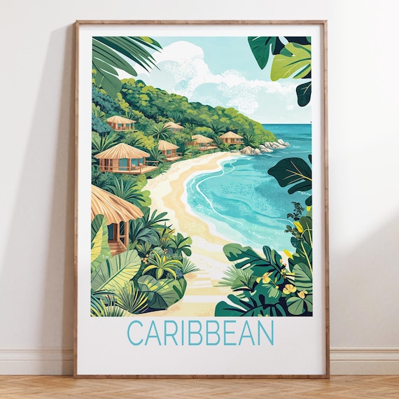 Caribbean Beach Bungalows Tropical Island Paradise Travel Poster