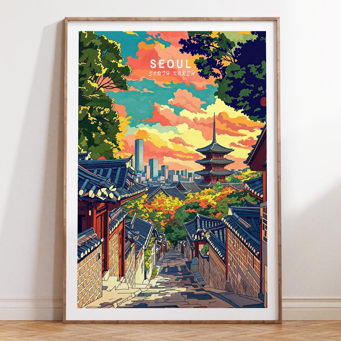 Seoul South Korea Bukchon Alley Pagoda and Sunset Skyline Poster