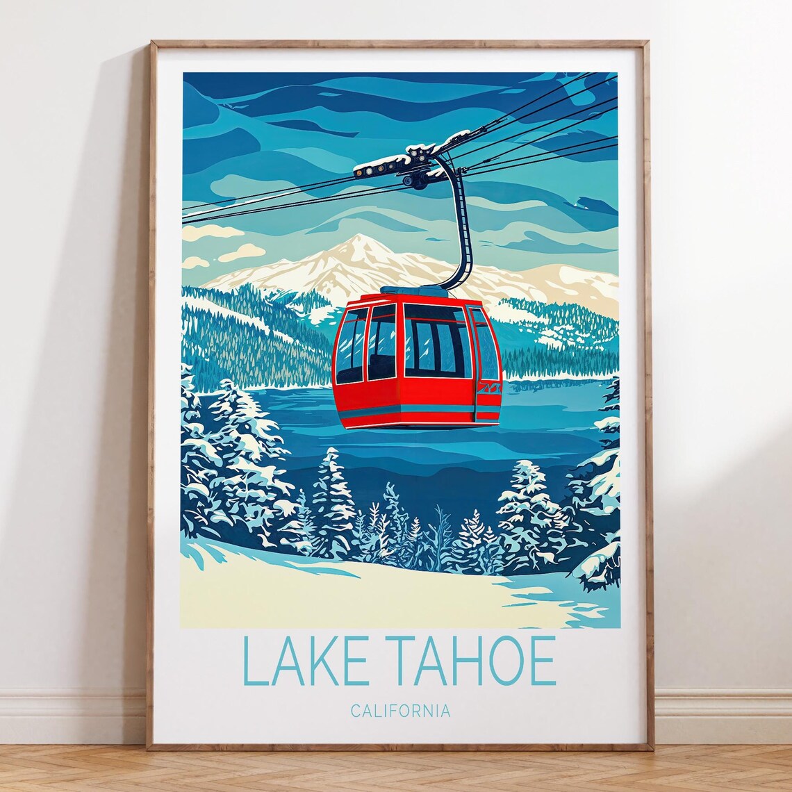 Lake Tahoe California Winter Red Gondola Mountain Travel Poster