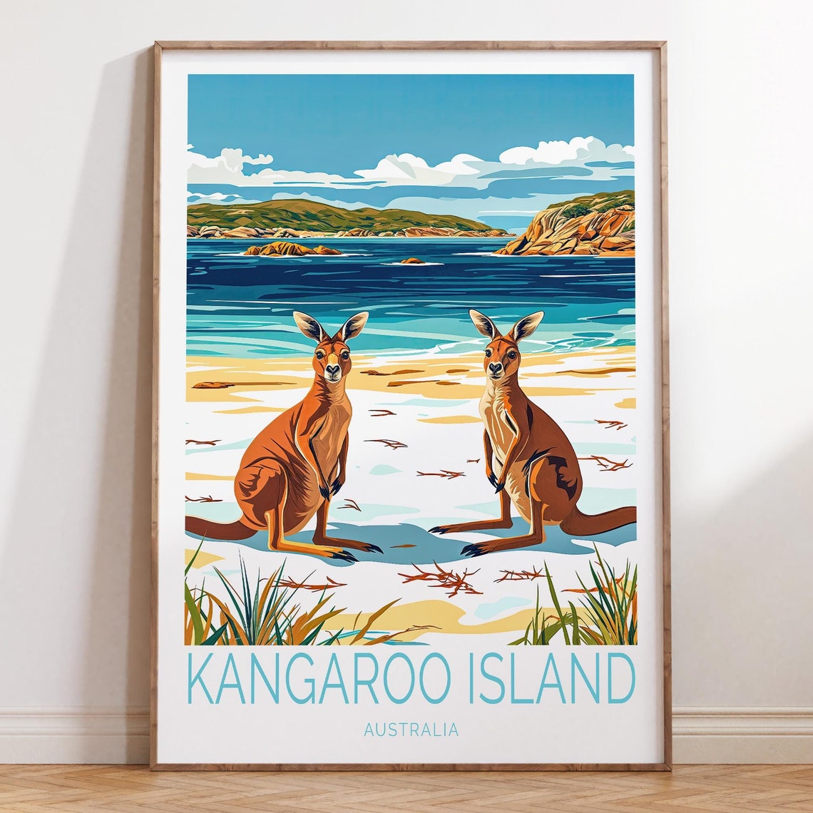 Kangaroo Island Australia Two Kangaroos Beach Retro Travel Poster