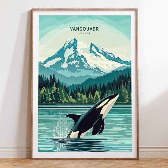 Vancouver Canada Orca Whale Breaching Mountain Lake Vintage Travel Poster