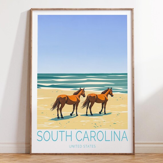 South Carolina Beach Wild Horses Ocean Waves Coastal Travel Poster