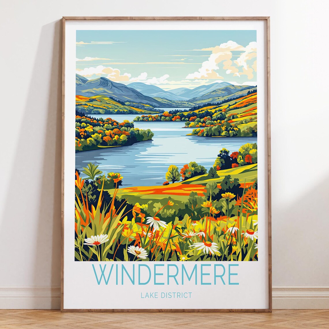 Windermere Lake District England Hillside Wildflower Travel Poster