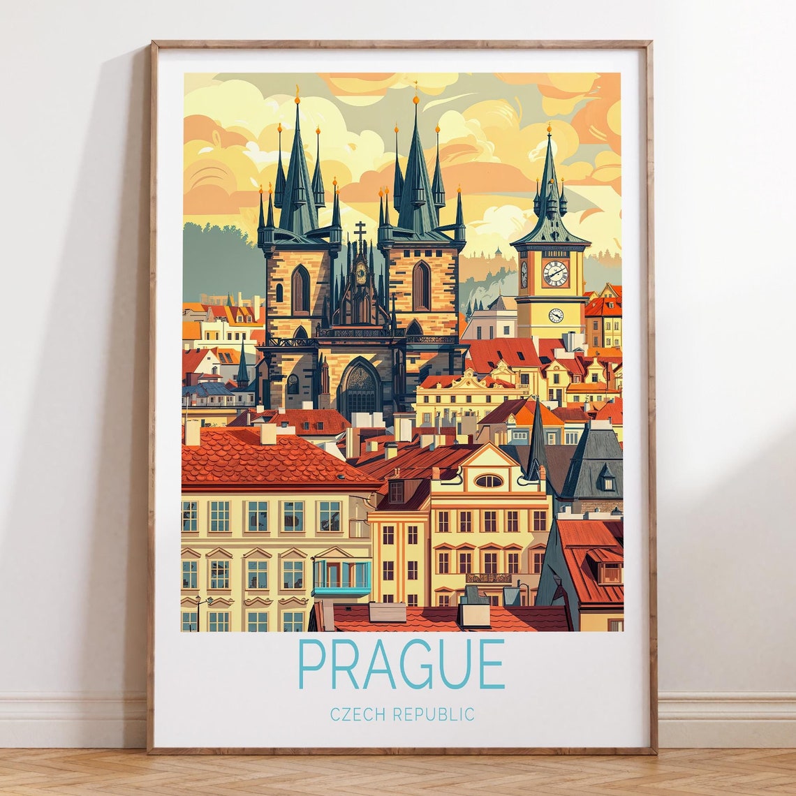 Prague Old Town Square Tyn Church Clock Tower Retro Travel Poster