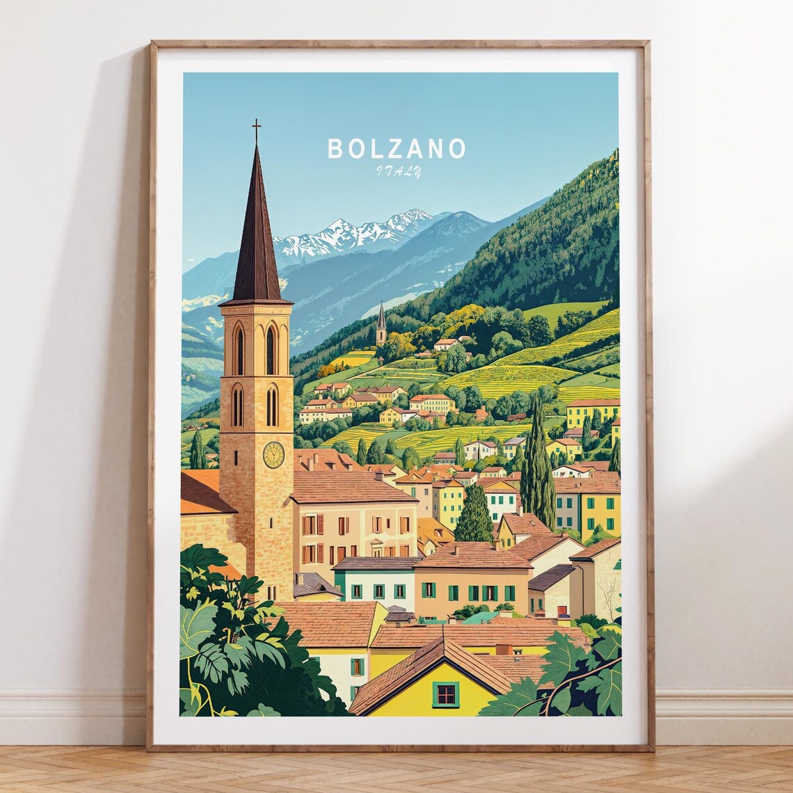 Bolzano Italy Alpine Old Town Church Spire Mountain Travel Poster