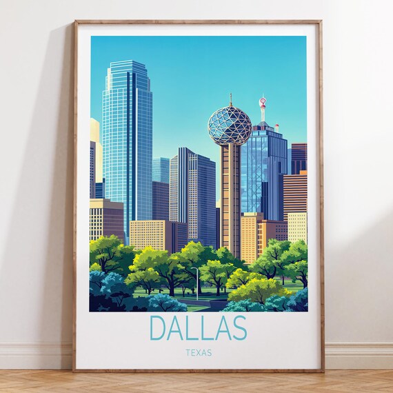 Dallas Texas Modern Downtown Skyline Reunion Tower Travel Poster