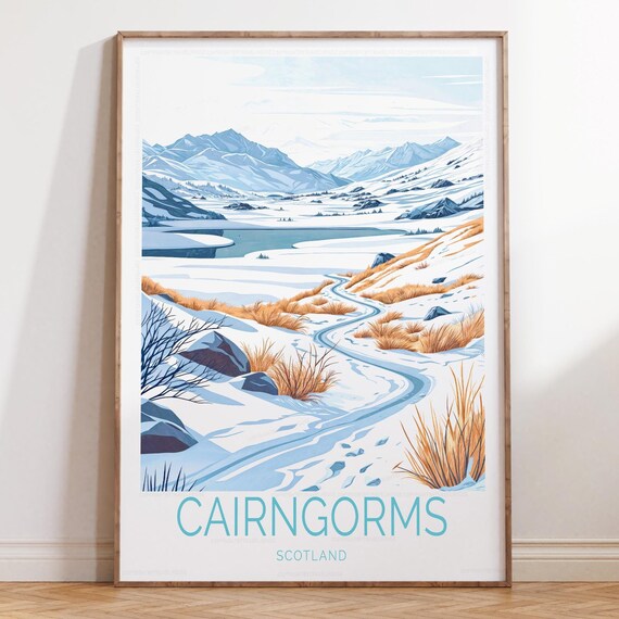 Cairngorms Scotland Winter Snowy Trail Lake Mountain Travel Poster