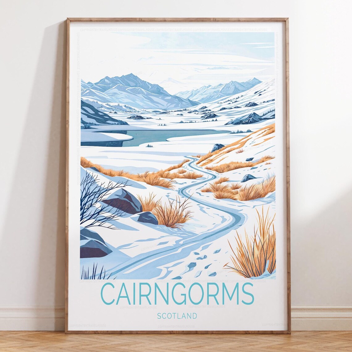 Cairngorms Scotland Winter Snowy Trail Lake Mountain Travel Poster