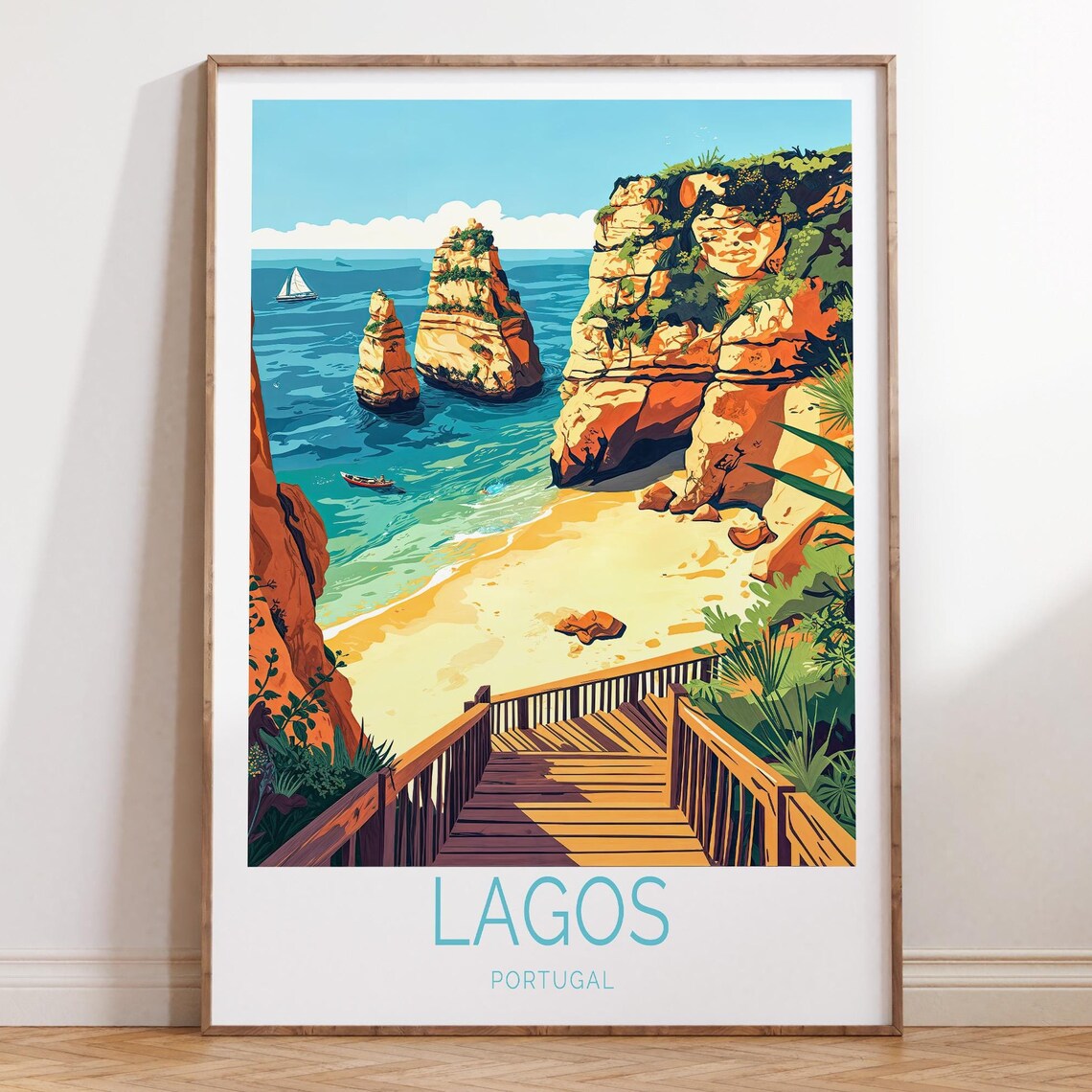 Lagos Portugal Travel Poster With Cliffs And Wooden Beach Stairway