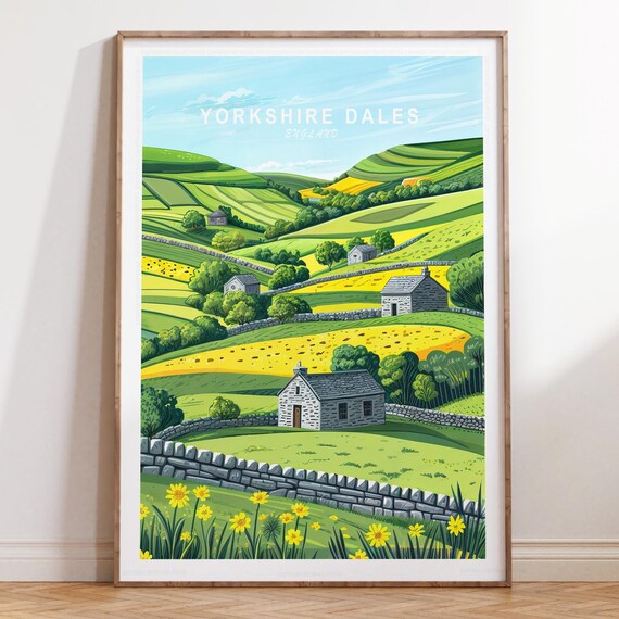 Yorkshire Dales England Rolling Hills Stone Cottages Travel Poster