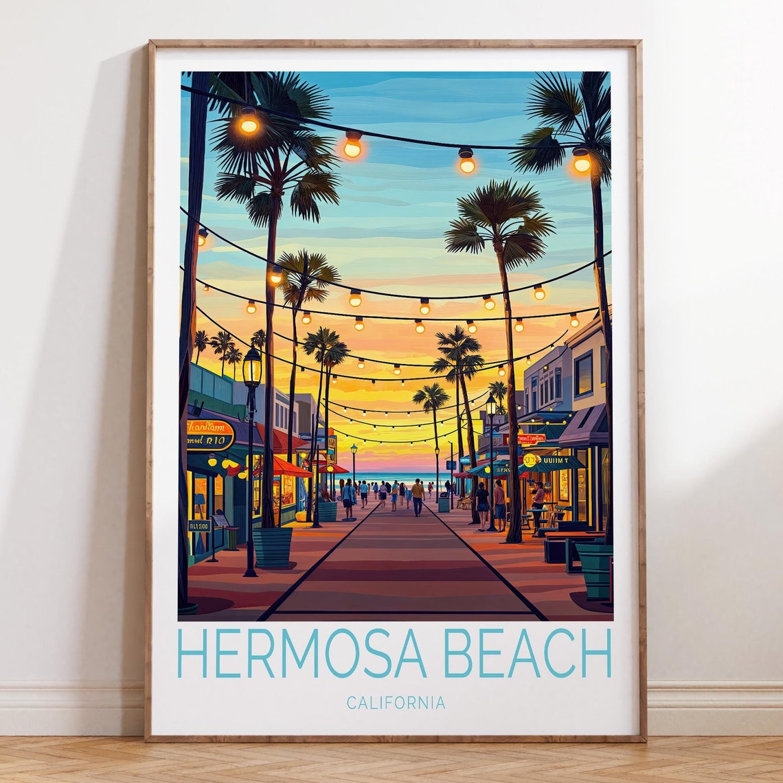 Hermosa Beach California Sunset Poster with Pier Lights and Palms