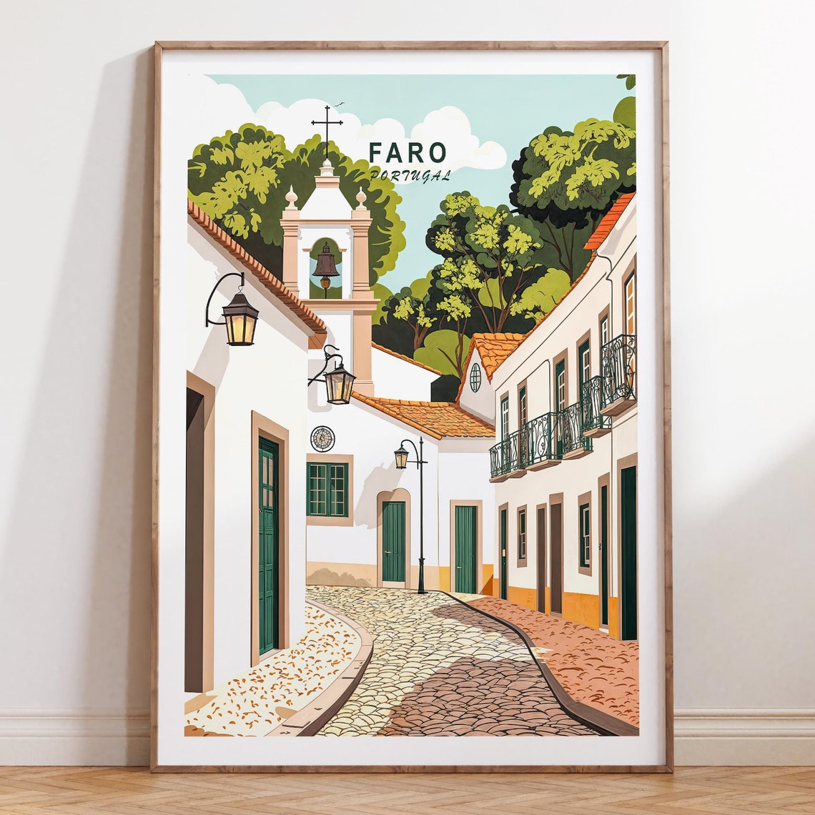 Faro Portugal Old Town Cobblestone Street Retro Travel Poster
