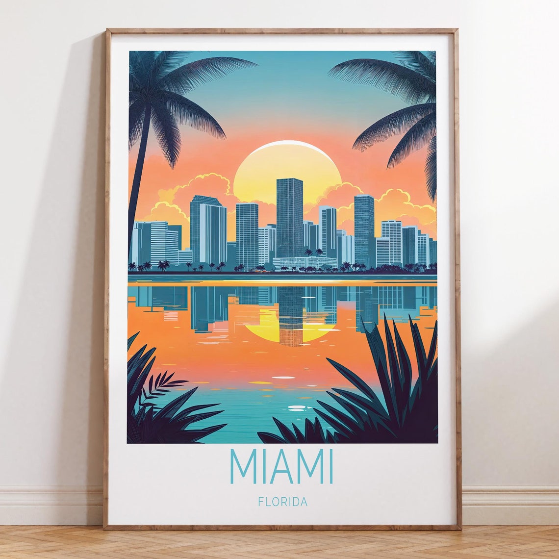 Miami Florida Sunset Skyline Palm Trees Reflection Travel Poster