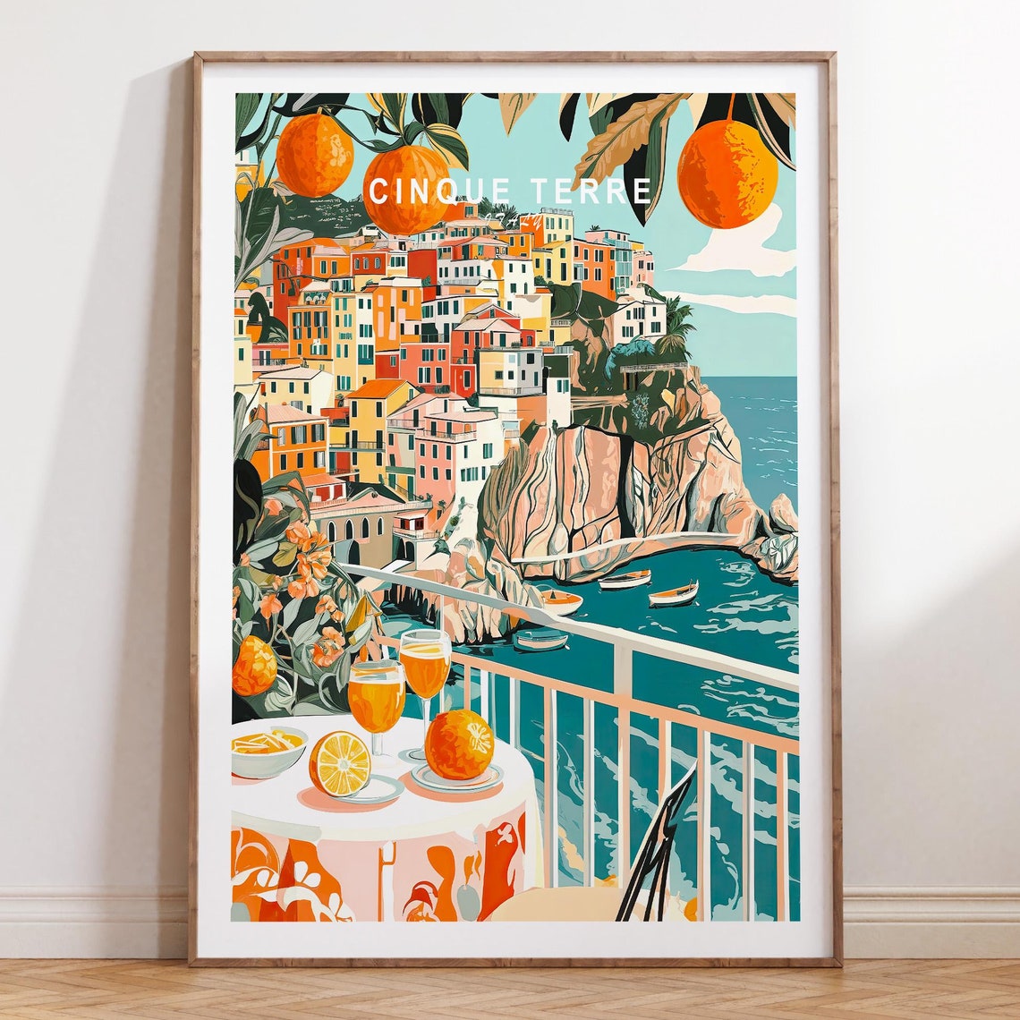 Cinque Terre Italy Cliffside Village Oranges and Spritz Travel Poster